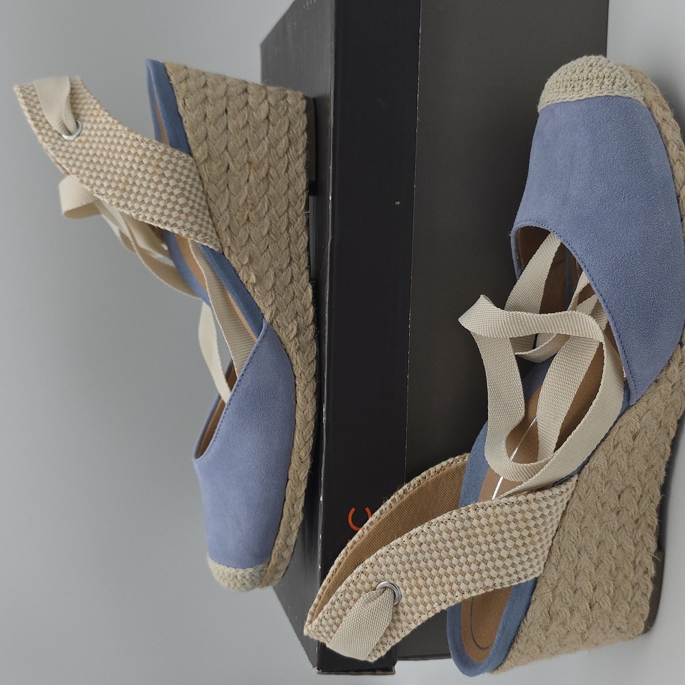 NIB Vionic Aruba Maris Blue and Cream Espadrille Jute Wrap Wedge Women's Size 7 - Picture 2 of 10
